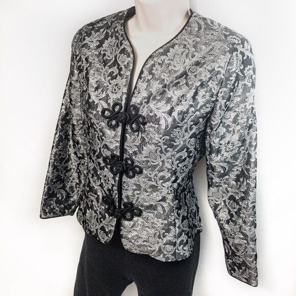 Silver Floral Mandarin Evening Jacket Chinese Frog Knot Front Closure Sz PS - Picture 2 of 11